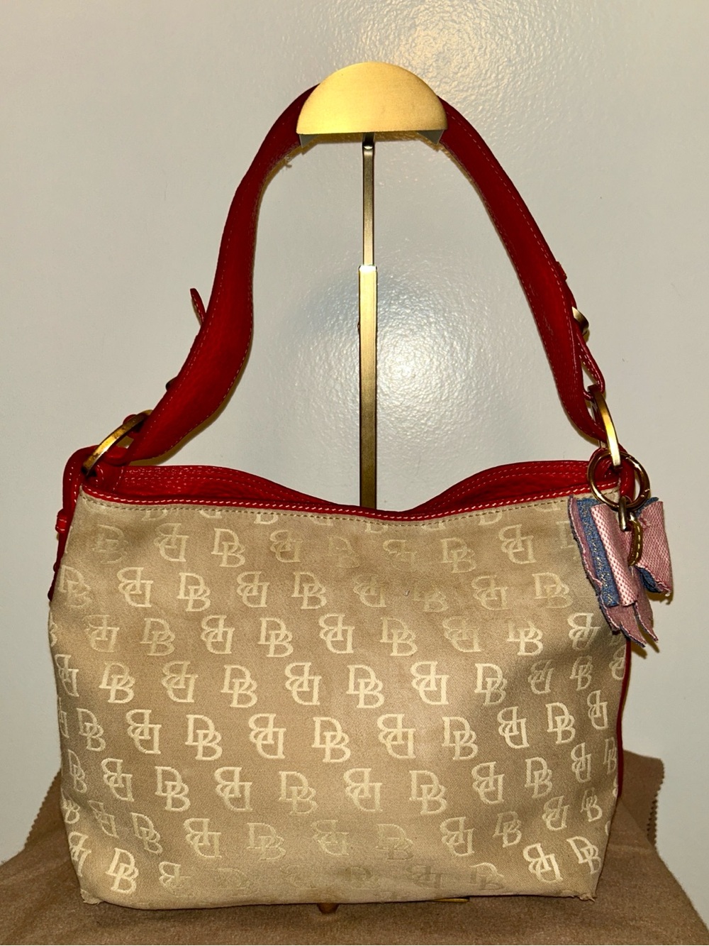 Dooney & Bourke monogram canvas Hobo shoulder bag.  Y2K. Upcycled bag charm .